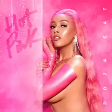 A topless Doja Cat wearing a pink wig and pink gloves, with steam surrounding her. The background is similarly hot pink in color. On the right side of the image is white text displayed vertically that spells out her name. The left side shows condensation; the album title "Hot Pink" is handwritten against the moisture.