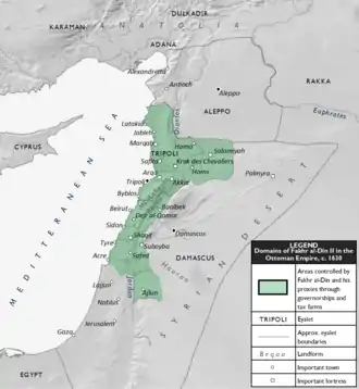 The Mount Lebanon Emirate at its greatest extent under Fakhr al-Din II, circa 1630