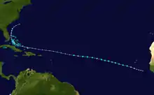 An image depicting the track of a long-lived tropical cyclone.