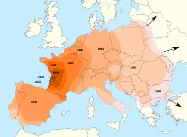 Expansion of the Colorado potato beetle's range in Europe, 1921–1964