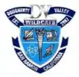 A predominantly blue and silver logo, shaped as a shield. "Dougherty Valley Est. 2007" is written on a banner above the shield, as well as "DV Wildcats". Underneath the shield is a banner with the text "San Ramon, California". The shield itself contains symbols in four quadrants; clockwise from the top left, they are a scroll and quill, a torch in the center, a mask and harp, a shoe with wings, and an atom.