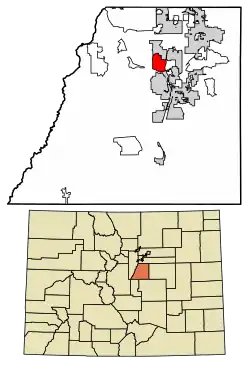 Location of the Castle Pines Village CDP in Douglas County, Colorado.