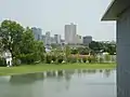 View from museum looking over reflecting pool toward downtown Fort Worth.