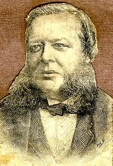 Drawing of the head and shoulders of a fresh-complexioned man of about 60, wearing a bow tie and mutton-chop whiskers with a clean-shaven throat and chin