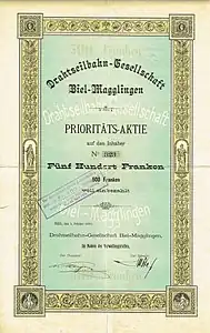 Share certificate of Drahtseilbahn-Gesellschaft Biel-Magglingen, issued 5. October 1886