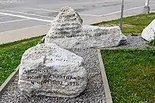 A sculpture bearing a quote from Simonne Monet-Chartrand