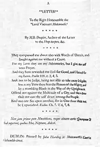 A document with the title "A Letter to the Right Honourable the Lord Viscount Molesworth" and containing several Biblical excerpts. It has the same signature and printer as before.