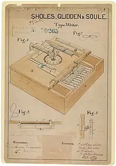 A 45-degree view of a wooden device with piano-like keyboard and, centered on its top, a metal disk over which a mechanical arm with two spindles is suspended.