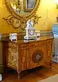 Dressing Commode with Three Graces, late 1700s, marquetry on satinwood with rosewood insets – Yellow Drawing Room – Harewood House