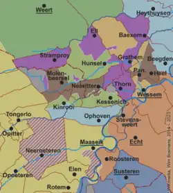 Territory of the Abbey of Thorn (purple), around 1700.