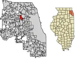 Location of Bensenville in DuPage County and Cook County, Illinois.