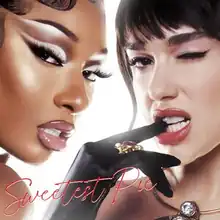 A portrait showing Megan Thee Stallion on the left and Dua Lipa on the right. Winking and biting her finger, Dua Lipa is wearing a black glove and a ring. The title "Sweetest Pie" is displayed in a red, handwritten font at the bottom left corner of the image.