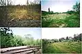 Clockewise- 1/ The former Dudley station signal box. 2/ The end of the former station-come-depot goods yard. It was a rubbley field from 2000 to date (2011). 3/ The former sidings by the castle. 4/ A view from the base of the Freightliner signal box across to the former station come depot. The tracks are the line from Dudley Port to Netherton, but the path is trackbed of the line to Tipton Five-ways.