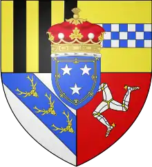 escutcheon en surtout—Arms of Murray, Duke of Atholl, Scotland includes an escutcheon en surtout for the Chiefship of the Name of Murray and with the crown of a marquess for the Marquessate of Tullibardine