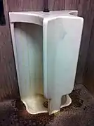 A double urinal, one person can urinate on each side.