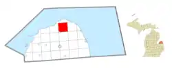 Location within Huron County (red) and an administered portion of the Kinde village (pink)