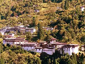 A panoramic view of the Trongsa Dzong within Trongsa town setting