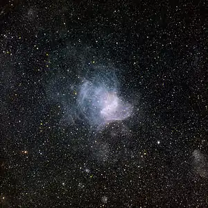 Image of NGC 346 with a 30 arcminute wide field of view showing the wispy nebular structure around it.