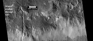 Channels, as seen by HiRISE under HiWish program.  Stream appears to have eroded through a hill.