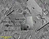 Composite demonstrating relative resolution of 7 different cameras that imaged Mars:HiRISE (Mars Reconnaissance Orbiter), THEMIS VIS (Mars Odyssey), MOC-WAC (Mars Global Surveyor), HRSC (Mars Express), CTX (Mars Reconnaissance Orbiter),  Viking, Mariner 4.  Location is Memnonia quadrangle.