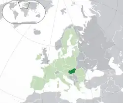 Location of Hungary (dark green)– in Europe (green & dark grey)– in the European Union (green)  –  [Legend]