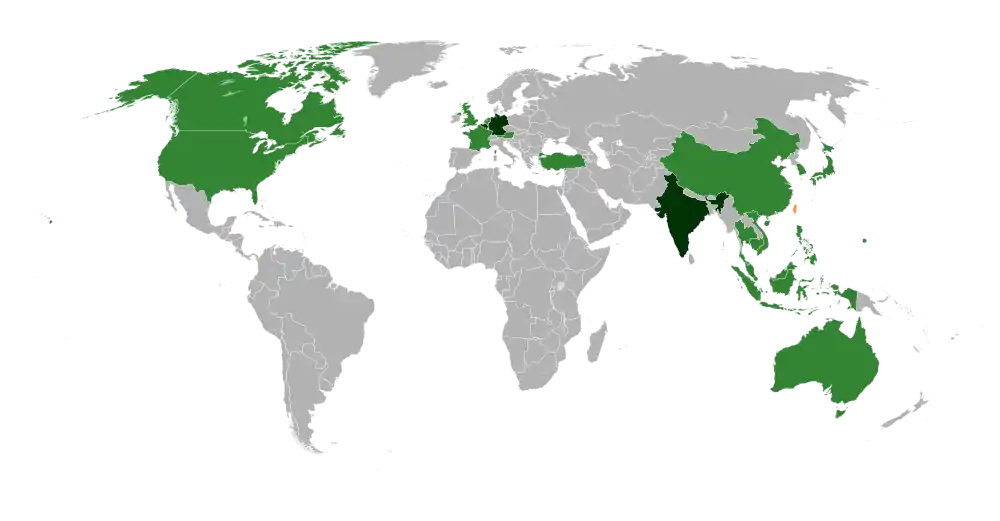 Countries with EVA Air destinations as of May 2019.