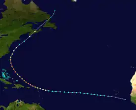 An image depicting the track of a powerful Atlantic hurricane.