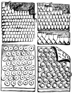 Examples of early armour construction. The top two sections are examples of scale armour.