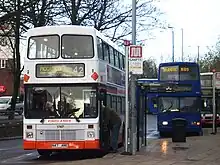 line of buses at bus stops