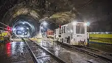 A tunnel cavern located north of the new Grand Central LIRR station, with two tubes diverging from the cavern. A railroad switch would be installed within the cavern, connecting the tracks that run through the tubes.