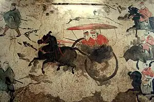 A section of an Eastern Han (25–220 AD) fresco of 9 chariots, 50 horses, and over 70 men, from a tomb in Luoyang, China