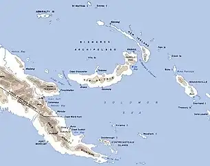 Map of eastern New Guinea and the Solomon Islands showing the locations mentioned in the article's text