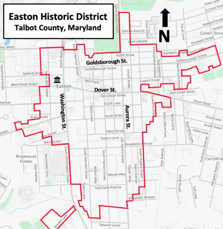  map showing borders of historic district with major streets highlighted and courthouse on northwest side