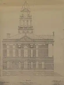 An architectural rendering for the Eaton County Courthouse, designed by David W. Gibbs and Company in the 1880s. The drawing shows an exterior elevation of the side of the courthouse.