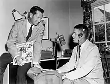 Jim Copp (right) in his home recording studiowith Ed Brown, holding a copy of Jim Copp Tales