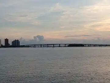 The Edison Bridge seen in the foreground, with the Caloosahatchee River Bridge in the background and downtown Fort Myers to the left