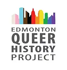 Artwork of the Edmonton skyline is filled with Pride flag colors. Text below reads Edmonton Queer History Project.