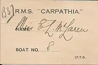 A lifeboat card from the Carpathia, used to identify a Titanic survivor's lifeboat