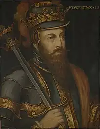 A head and shoulders painting of Edward III, in armour and bearing a sword