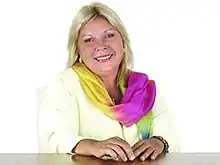 Smiling, blonde woman with multicolored scarf