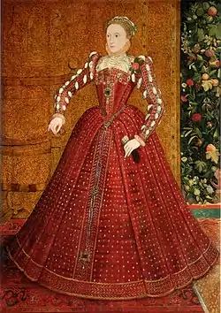 The young Queen Elizabeth I (here in about 1563) liked to wear bright reds, before she adopted the more sober image of the "Virgin Queen". Her satin gown was probably dyed with kermes.