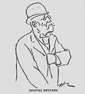 Line drawing of bespectacled, mustached man in a derby hat