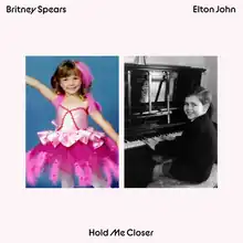 Cover art for "Hold Me Closer": Side-by-side pictures of Spears (left)—who is wearing a pink ballet costume with accessories of the same color—and John (right)—sitting at a piano wearing black winter wear—as children, placed against a light pink backdrop, with the single's title displayed at the center in the bottom area.