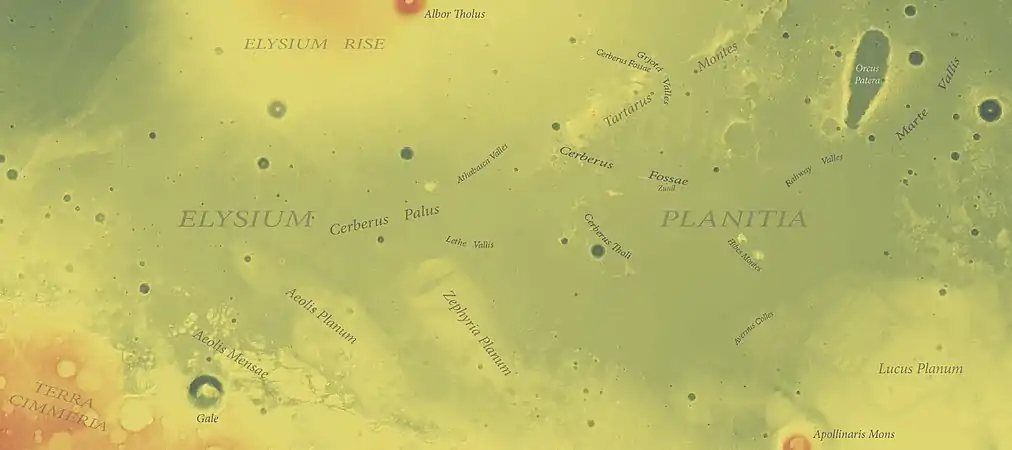 Map of Elysium Planitia - Gale is in the lower left - Aeolis Mons is in the middle of the crater