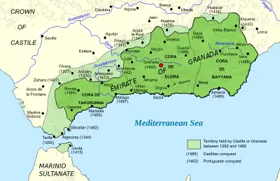 Colored map of the southern part of Spain, annotated with borders and cities