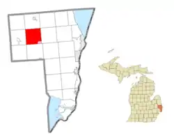 Location within St. Clair County (red) and the administered village of Emmett (pink)