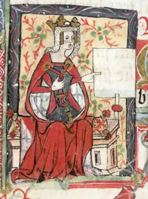 Painting of a seated woman wearing a red gown with crown on her head.