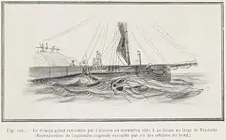 #18 (30/11/1861)The French corvette Alecton attempts to capture a giant squid off Tenerife on 30 November 1861. Reproduction of the original watercolour by officers of the Alecton, from Bourée (1912:115, fig. 108).