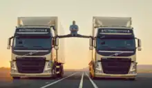 Jean-Claude Van Damme doing his gymnastic split in the commercial between two Volvo FM series trucks