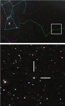 The upper photograph shows a region of many point-like stars with coloured lines marking the constellations. The lower image shows several stars and two white lines.